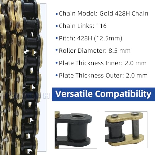 428H Drive Chain 116 Link with 6pcs Connecting Master Link Compatible with CR80R CR85R TTR125 TTR125L TTR125E TTR125LE Motorcycle ATV Dirt Bike Seamless Small Tub with Chain Breaker - size: 116 Link