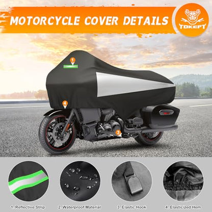 Motorcycle Half Cover with Elastic Hook and Reflective Strip Waterproof Dustproof Sunproof at All Seasons Suitable for Touring Models Road King Street Glide Road Glide and More (Black&Silver) - color: Black&Silver