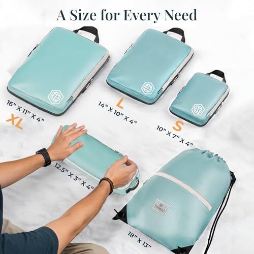 Extra Large Compression Packing Cube 6 Piece Set for Travel and Check Luggage by TRIPPED Travel Gear - color: Teal and White