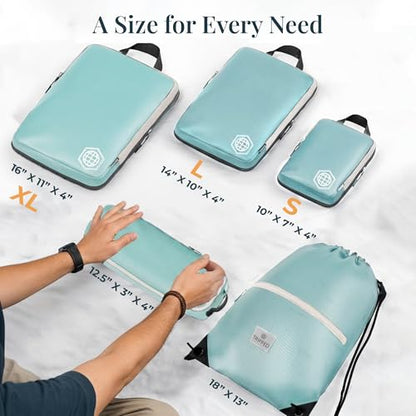 Extra Large Compression Packing Cube 6 Piece Set for Travel and Check Luggage by TRIPPED Travel Gear - color: Teal and White