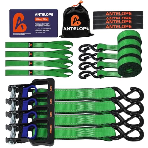 Ratchet Tie Down Straps Set, 5250 LBS Breaking Strength, 4 Pack 1.5" x 15' Heavy Duty Ratchet Straps, Cargo Strap, Motorcycle Straps for Trucks, Bicycle, Kayak, Moving, Tie Downs with S Hooks, Green - color: Green, size: 4PK-1.5in