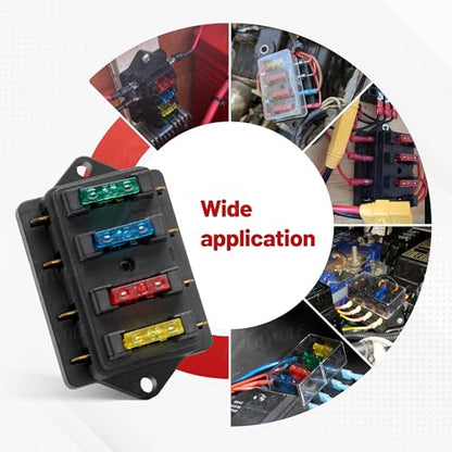 RED WOLF 4 Way Blade Fuse Block Box Holder w/Standard Circuit 10V-32V DC for Automotive Truck Boat Marine RV Van Vehicle Power Distribution Panel Damp-Proof Cover - size: 4 Way