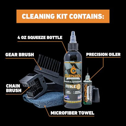 Clenzoil Chain & Sprocket Cleaning Kit - Chain Cleaner Lubricant Protectant (CLP) - Wet Lube Application, Dry Lube Performance - 4 oz Bottle, 0.5 oz Needle, Microfiber Towel & Chain Brush - size: Cleaning Kit