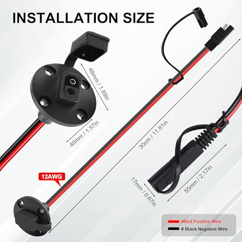 SAE Connector Power Socket Sidewall Port, Weatherproof 12AWG 1FT SAE Quick Connector Harness Extension Cable for Solar Panel, Battery Tender Leads, Generator & Automotive Chassis