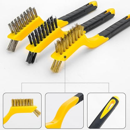 Wire Brush Set 3Pcs, Nylon/Brass/Stainless Steel Bristles with Curved Handle Grip for Cleaning with Curved Handle Grip for Rust Removal, Dirt, Paint Scrubbing Yellow - color: 3 PCS YELLOW