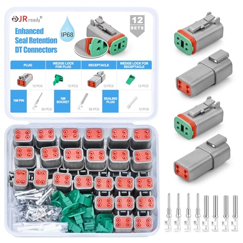 JRready 4 Pin Deutsch DT Connector Kit 12 Sets, DT06-4S DT04-4P Gray Waterproof Automotive Electrical Wire Connectors with Size 16 Stamped Contacts 14-18 AWG, for Car Truck Marine Wiring - size: 4-Pin (12 Pairs)