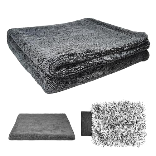 Sun Walker Car Drying Towel Set, 24"×36" Ultra Absorbent 1200 GSM Auto Cleaning Cloth with Wash Mitt & Glass Towel, Scratch-Free Streak-Free Microfiber Drying Towels for Car Truck SUV