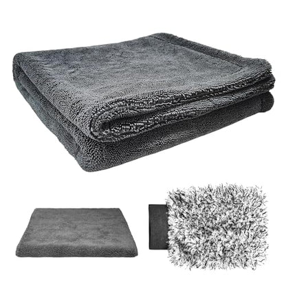 Sun Walker Car Drying Towel Set, 24"×36" Ultra Absorbent 1200 GSM Auto Cleaning Cloth with Wash Mitt & Glass Towel, Scratch-Free Streak-Free Microfiber Drying Towels for Car Truck SUV