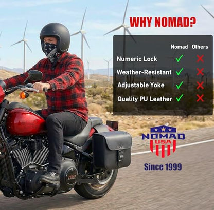 Nomad Motorcycle Saddlebags – 16L (8Lx2) Universal Throw Over Saddle Bag for Cruiser, Touring & Chopper Bikes – Heavy Duty, Waterproof, Secure Numeric Lock, Easy Mount, Rider Storage