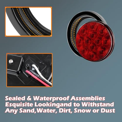 fouwick 4.2 Inch Round Red LED Trailer Tail Lights, 12-LED Waterproof IP65 Stop Turn Brake Light, 12V Flush Mount Trailer Lights LED Kit for Truck, Boat, RV, Marine (2 Pack) - color: 4 inch Round Red 12LED