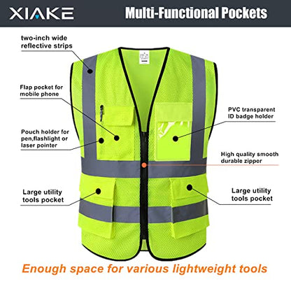 XIAKE Reflective Safety Vest for Men & Women High Visibility Class 2 Vest with Pockets Meets ANSI Standards - color: Yellow Mesh - B525, size: Large