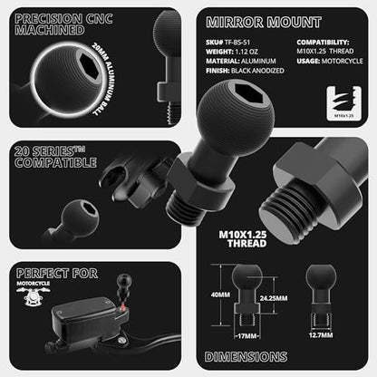 Tackform Aluminum Motorcycle Adventure Phone Holder - Vibration Dampening, Wireless Charging | Mirror Hole Mount - M10 x 1.25 Fine Threaded 20mm Ball | Compatible with iPhone, Galaxy, More | 3.5" Arm