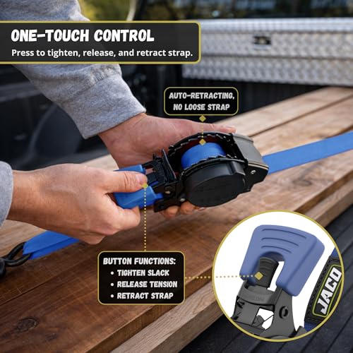 JACO Retractable Ratchet Straps - 1 in x 15 ft (4-Pack) (1,760lbs Break Strength) | Auto Self Retracting Cargo Tie Down Strap Set (Blue) - color: Blue, size: 4-Pack