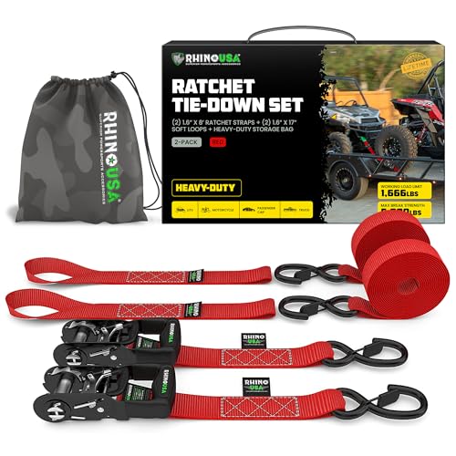 Rhino USA Ratchet Straps Heavy Duty Kit (2-Pack) - 1.6 Inch x 8 Feet Min Break Strength (5,000) - Ultimate Tie Down Straps with Safety S Hooks for Trucks, ATV, UTV, Motorcycle, Cargo & More - Red - color: Red, size: 8ft - 2 Pack