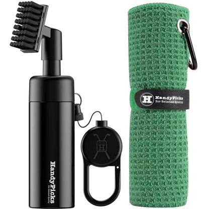 Handy Picks Golf Club Cleaner with Water Bottle Holds 5.5 OZ, Heavy Duty Metal Retractable Magnetic Clip, Waffle Microfiber Golf Towel, Ideal Water Brush Combo - color: Green