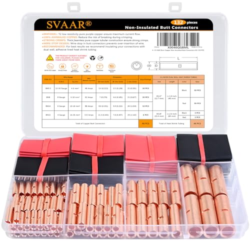 SVAAR Butt Connectors Kit 132PCS 4/6/8/12-10 Gauge Crimp Butt Splice Wire Connectors Non Insulated Butt Splice Connectors Bare Pure Copper 66 PCS Uninsulated Butt Terminals & 66 PCS 3:1 Heat Shrink - color: Non-Insulated Splice - Bare Copper, size: 132PCS
