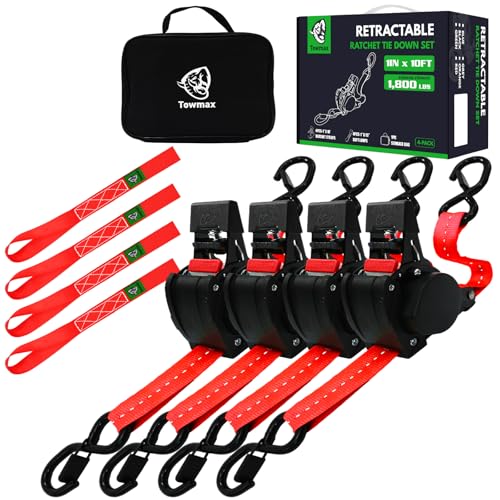 Retractable Ratchet Straps (Patented-4pack) - 1 inch x 10Feet (1,800lb Break Strength) Auto Self Retracting Tie Down Straps - Self Retractable Straps with Refletcive for Motorcyle, Truck or Cargo - color: Red, size: 4-Pack