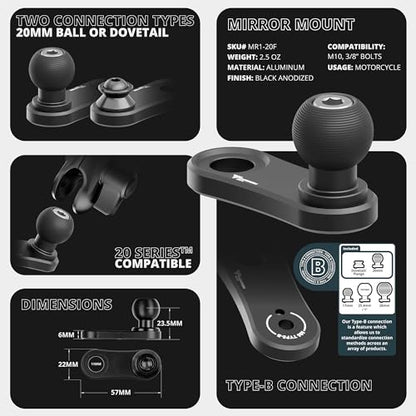 Tackform Black Motorcycle GPS/Tuner Holder - 4-Hole AMPS Pattern | Mirror Mount with Through Hole for M10 or 3/8" Bolt | Aluminum | Compatible with Garmin Zumo, Dynojet Tuner, More | Short Reach