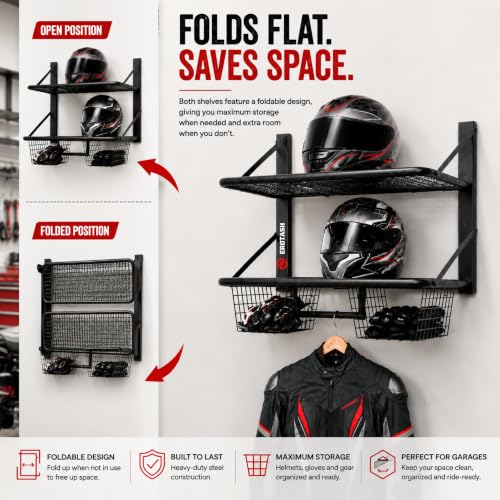 Motorcycle Helmet Wall Mount, 2-Tier Helmet Holder Wall Mount with Shelf & Baskets, Motorcycle Gear Rack Storage for Jackets, Gloves, Keys and Riding Accessories