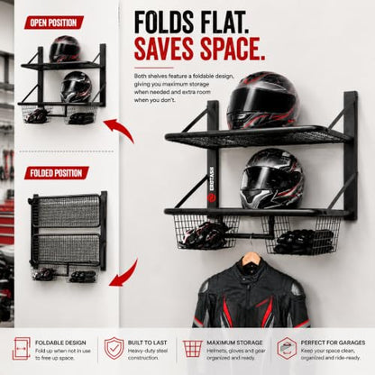 Motorcycle Helmet Wall Mount, 2-Tier Helmet Holder Wall Mount with Shelf & Baskets, Motorcycle Gear Rack Storage for Jackets, Gloves, Keys and Riding Accessories