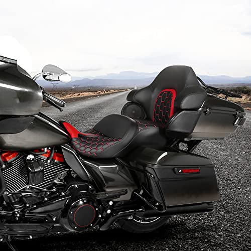C.C. RIDER Gel Seat Driver Passenger Seat and King/Chopped Tour Trunk Backrest Fit For Harley Touring 2014-2023 Street Glide Road Glide Road King Electra Glide,Red Hexagon - color: 23# Gel Red+ 1 Backrest