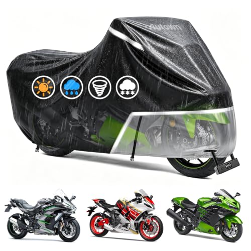 AUTOWN Motorcycle Cover Waterproof Outdoor, 420D Heavy Duty Bike Cover, Windproof & Waterproof with Reflective Strips and Air Vents, Fits Motorcycles & Scooters up to 96.5", Black & Gray - size: XL: 96.5"