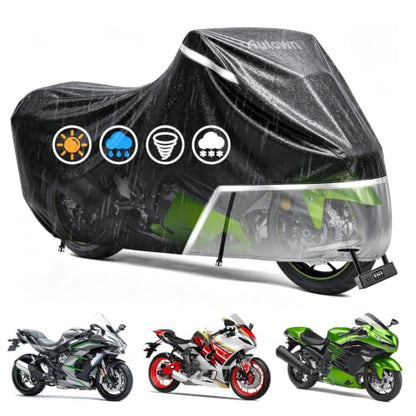 AUTOWN Motorcycle Cover Waterproof Outdoor, 420D Heavy Duty Bike Cover, Windproof & Waterproof with Reflective Strips and Air Vents, Fits Motorcycles & Scooters up to 96.5", Black & Gray - size: XL: 96.5"