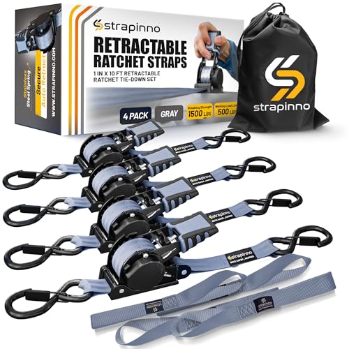 Strapinno Retractable Ratchet Straps (4-Pack), 1 in x 10 ft, 1,500LBS Break Strength, Most Durable Straps and Core, Auto Self Retracting Tie Downs for Truck, Moving, Motorcycle, Bike, Jetski, Kayak - color: Gray Strap, Black Coated