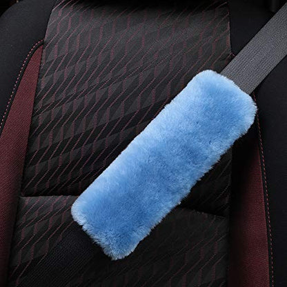 OGLAND Genuine Sheepskin Plush Fuzzy Car Seat Belt Should Pad, Soft Fluffy Seatbelt Strap Covers for Neck Cushion Protector Car Accessories (Sky Blue, 1Pcs) - color: Sky Blue