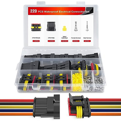 Nilight 220PCS 5 Pin Electrical Connector ‎Plug Male Female Terminal Wire Connectors Waterproof 5 Way Automotive Connect Set for Car Truck Motorcycle Marine Boat 10 Sets - size: 5Pin Connector 200Pcs