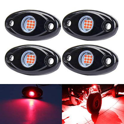 Red LED Rock Lights, 4 Pods Neon 12V Waterproof Underglow Underbody Kit Crawler Crawling Dome Exterior Wheel Lights for ATV RZR UTV SUV Off-Road Auto Boat Motorcycle Glow Trail Rig Fender Lamp - color: red
