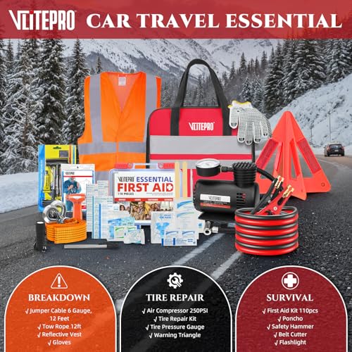 Car Emergency Kit,Roadside Emergency Car Kit for Vehicles,with Portable Air Compressor,Jumper Cable for Women,Men,Teen