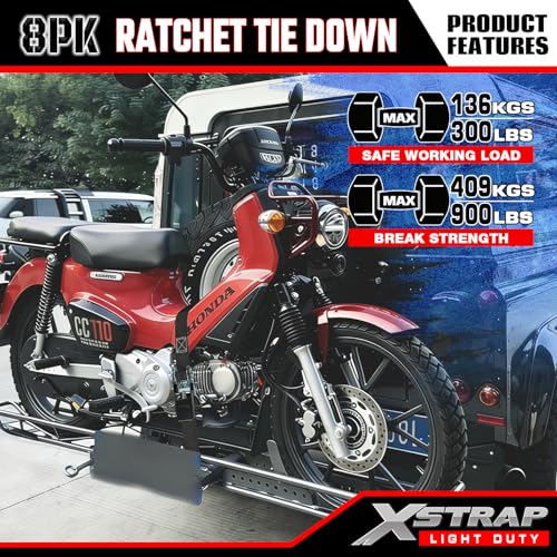 XSTRAP STANDARD 8-Pack Ratchet Tie Down Straps, 1" x 10ft, 900lb Break Strength Heavy Duty Straps for Motorcycles, ATVs, Lawn Equipment, Appliances & Truck Cargo - Black - color: Black