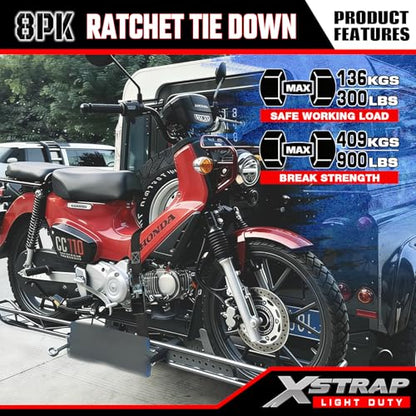 XSTRAP STANDARD 8-Pack Ratchet Tie Down Straps, 1" x 10ft, 900lb Break Strength Heavy Duty Straps for Motorcycles, ATVs, Lawn Equipment, Appliances & Truck Cargo - Black - color: Black