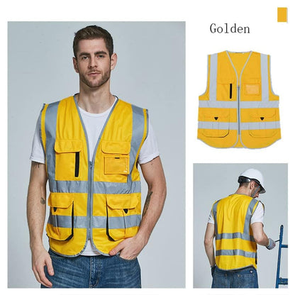 High visibility reflective safety vest multi pockets Hi-vis vest workwear safety waistcoat with reflective strips - color: Gold, size: 3X-Large