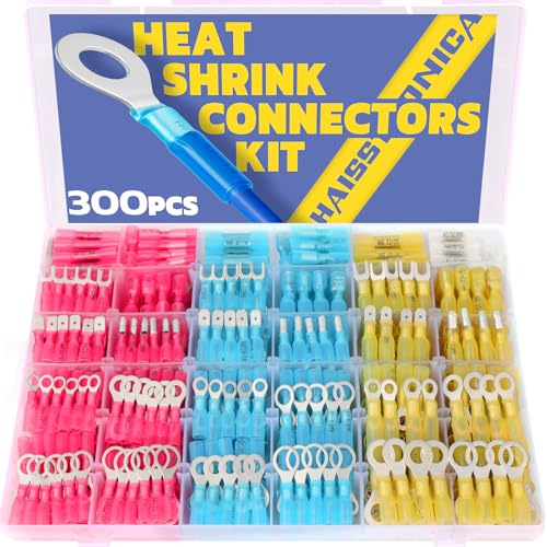 haisstronica 300PCS Heat Shrink Wire Connectors Kit - Waterproof Marine Grade, Tinned Red Copper, AWG 26-10, Insulated Crimp Terminals, Ring, Fork, Spade, Butt Splice (4 Colors / 31 Sizes) - style: 300PCS AWG 26-10