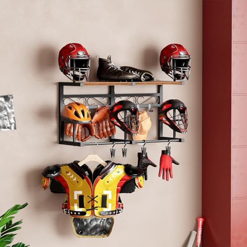 HOOBRO Motorcycle Helmet Rack Wall Mount, Helmet Holder with Hanging Rod, Storage Display Rack with 4 Glove Clamps and 6 Hooks, for Motorcycle Gear and Accessories, Rustic Brown and Black BF01TK01