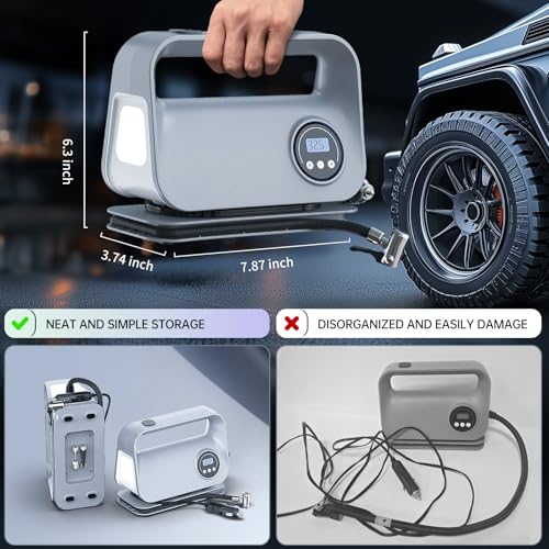 YIJU Tire Inflator Portable Air Compressor Tire Air Pump for Car Tires - Car Accessories, 12V DC Auto Pump with Digital Pressure Gauge, Emergency LED Light for Motorcycle, Bike,Gray
