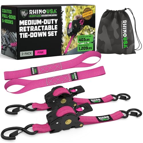 Rhino USA Retractable Ratchet Straps (2-Pack) - 1 Inch x 10 Feet (1,209lb Break Strength) - Auto Self Retracting Tie Down Straps for Truck, Cargo Trailer, Motorcycle, ATV, UTV - Pink - color: Pink, size: 2 Pack