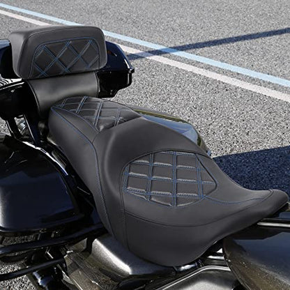 C.C. RIDER Classic Seat Backrest Pad - Driver Seat Rider Sissy Bar Passenger Backrest Pad Kit fit for Harley Davidson Touring Road King Street Glide Electra Glide Road Glide 2014-2023 - color: Seat + Passenger Sissy Bar Black Blue