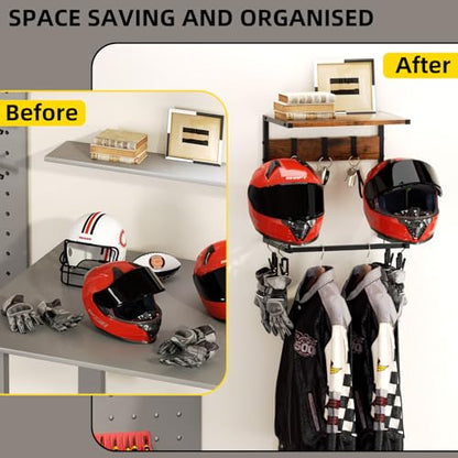 Urban Deco Motorcycle Helmet Holder Wall Mount, Helmet Rack with 2 Hat Stands, Helmet Stand for Display Wall Mount, Motorcycle Accessories Gear Storage for Men, Small - size: 16.7*12*16.1 inches
