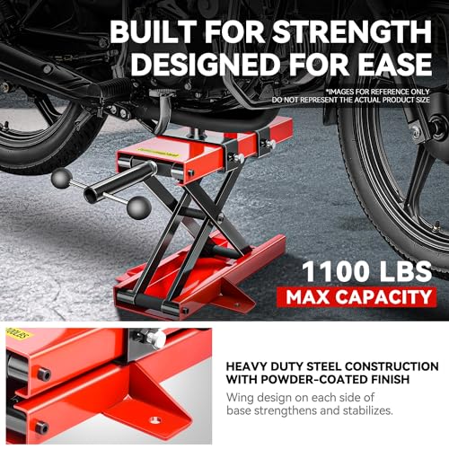 Auto Dynasty Motorcycle Lift Jack, 1100LBS Capacity 2-in-1 Steel ATV Scissor Lift Jack Stand Hoist with Saddle and Rubber Pad for Motorcycles, Bicycles, ATVs, UTVs, Dirt Bikes - size: 1100 LBS (2-in-1 with Rubber Pad)