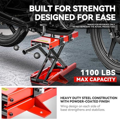 Auto Dynasty Motorcycle Lift Jack, 1100LBS Capacity 2-in-1 Steel ATV Scissor Lift Jack Stand Hoist with Saddle and Rubber Pad for Motorcycles, Bicycles, ATVs, UTVs, Dirt Bikes - size: 1100 LBS (2-in-1 with Rubber Pad)