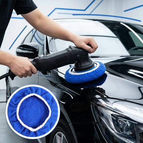 6 PCS Car Buffing Pads for 9-10 Inch Orbital Polisher, Microfiber Polishing Bonnets Buffer Pad Cover, Soft Wax Applicator for Car Detailing (Blue)