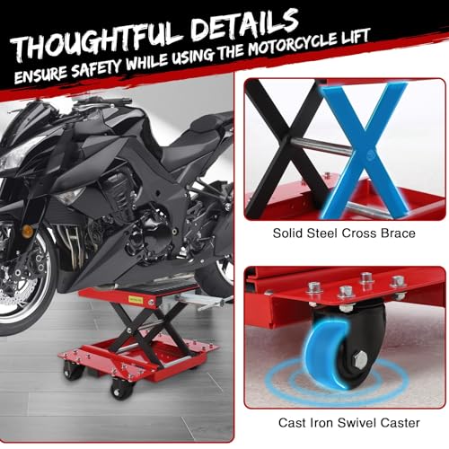 1200 LBS Motorcycle Lift, Dirt Bike Scissor Jack Lift Table with Hand Crank & Caster Wheels, 4.7"-15.4" Height Adjustable Center Hoist Stand for ATVs, Cruiser, Touring Motorcycles