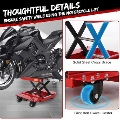 1200 LBS Motorcycle Lift, Dirt Bike Scissor Jack Lift Table with Hand Crank & Caster Wheels, 4.7"-15.4" Height Adjustable Center Hoist Stand for ATVs, Cruiser, Touring Motorcycles
