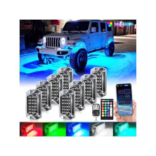8Pods Full Angle RGB LED Rock Lights Full Kit for Jeep Trucks ATV UTV SXS RZR SUV Golf Cart Offroad Pickup, 240Chip Waterproof Multicolor Underglow Light with APP/RF Remote, Neon Underbody Accent 12V - color: RGB 30LEDs, size: 8Pods