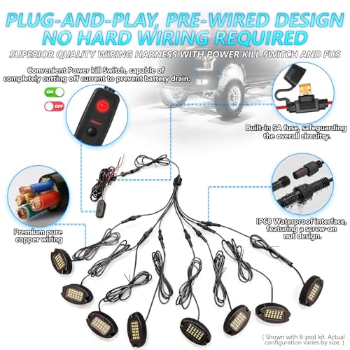 20Pods Metal Pure White LED Rock Lights Kit 6500K for Truck Pickup Offroad | Aluminum Housing, Plug-and-Play & Pre Wired, Switch Wiring Harness Extension Fuse, 480Chips Waterproof 12V, Pure Copper Wire - color: Pure White 24LEDs, size: 20Pods