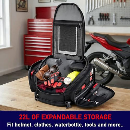 Nomad Motorcycle Tail Bag 18-22L – Expandable Waterproof Rear Seat Bag, Sissy Bar Luggage, Helmet Fits, Touring Motorcycle Bag, Cruiser, Sportster, Softail, Dyna, Dual Sport
