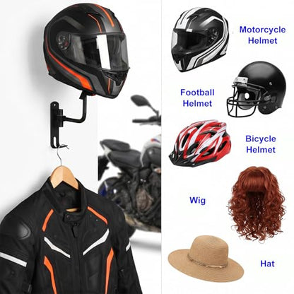 2 Pack 180° Rotating Aluminum Alloy Helmet Holder Wall Mount – Sphere Protects Shape, Double Hooks for Coats & Keys, Space-Saving Motorcycle Helmet Rack for Garage, Home